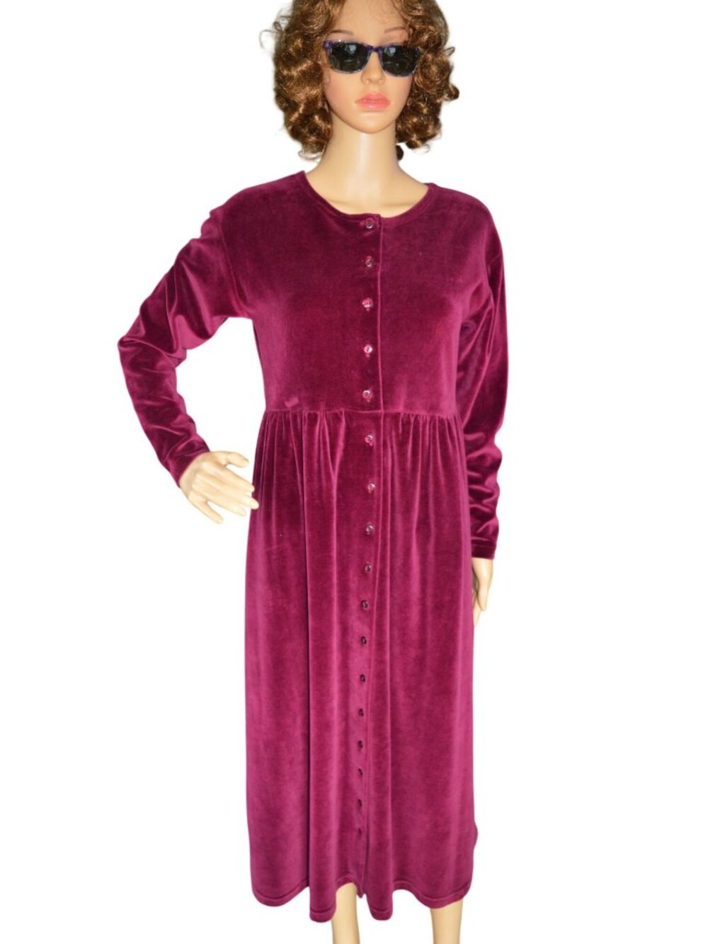 Vintage 90s Sarah Chapman Wine Red Velvet Long Sleeve Midi Dress Women's Size SP